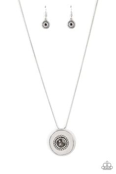 An oversized smoky rhinestone adorns the textured center of an asymmetrical silver disc, creating an edgy medallion at the bottom of a rounded silver snake chain below the collar. Features an adjustable clasp closure. Sold as one individual necklace. Includes one pair of matching earrings. Smoky Crystal, Silver Snake Chain, Medallion Necklace, Paparazzi Accessories, White Rhinestone, Necklace Online, Silver Accessories, Affordable Jewelry, Paparazzi Jewelry