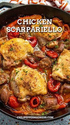 Chicken Scarpariello in a skillet. Chicken Scarpariello Recipe, Crispy Skin Chicken, Chicken Scarpariello, Sausage Peppers And Onions, Sausage Peppers, Mild Italian Sausage, Hot Italian Sausage, Braised Chicken