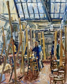 an oil painting of people working in a factory with large windows and lots of wood