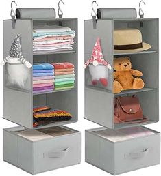 two shelving units with stuffed animals and hats on them