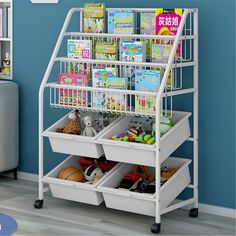 a toy storage rack filled with books and toys