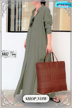 Casual Solid Pocket Buckle Turndown Collar Shirt Dress Dresses(3 Colors) Casual Long Shirt Dress, Casual Khaki Maxi Dress For Fall, Casual Spring Khaki Maxi Dress, Casual Button-up Maxi Dress With Pockets, Casual Maxi Shirt Dress With Pockets, Casual Long Maxi Dress With Buttons, Casual Khaki Maxi Dress For Vacation, Casual Solid Color Shirt Dress, Casual Long Maxi Dress