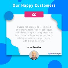 a blue and white business card with the words, our happy customers first class website building service