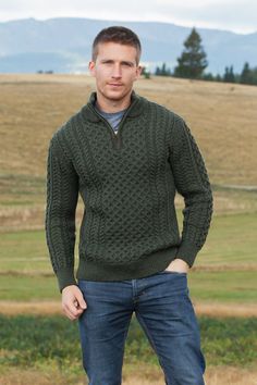 Men's Aran Cable Knit Half Zip Sweater 100% New Merino Wool Mock Neck Pullover - Made with 100% New Merino Wool - Made from the highest quality Merino Wool, one of the finest and softest to the touch yarns used to make this garment - Timeless Style - Traditional Aran stitch patterns that echo the rich craft history of Irish knitwear, classic half zip style sweater with leather zip pull is sure to become a wardrobe staple. The variety of stitches, which make up the Aran knitting, represent fishin Mens Cable Knit Sweater Green, Forest Green Cable Knit Jumper, Luxury Men's Workwear Sweater, Irish Knitwear, Sweater Outfits Men, Grandfather Shirts, Honeycomb Stitch, Mens 1/4 Zip, High Neck Collar