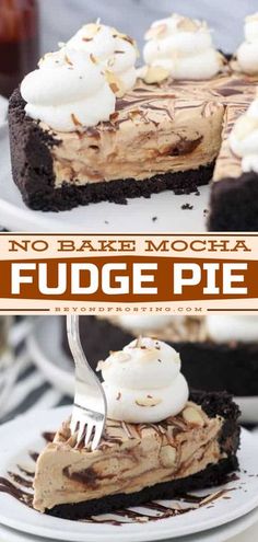 no bake mocha fudge pie on a plate with a fork in it