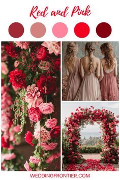 red and pink wedding color scheme with roses, greenery and flowers in the background