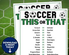 a soccer goalie's score sheet with the words soccer this or that on it