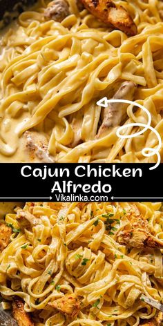 chicken alfredo in a skillet with text overlay that reads cajun chicken alfredo