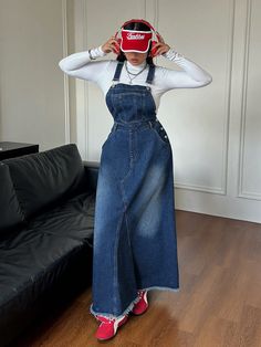 Plus Size Casual Loose Denim Jumper Dress Overalls - Blue Blue Casual  Sleeveless Denim Plain Pinafore Non-Stretch  Women Plus Clothing, size features are:Bust: ,Length: ,Sleeve Length: Jean Overall Outfits, Overall Outfits, Dress Overalls, Denim Jumper Dress, Denim Pullover, Blue Overalls, Denim Jumper, Sweater Vest Women, Jeans Casual