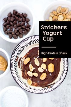 bowls filled with different types of snacks on top of a white countertop next to each other