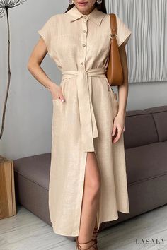 Lasaky - Sophisticated Solid Color Shirt Dress with Turndown Collar Casual Beige Shirt Dress For Spring, Chic Solid Maxi Dress With Pockets, Fitted Shirt Dress With Pockets For Vacation, Casual Solid Collared Midi Dress, Casual Solid Color Collared Midi Dress, Casual Collared Solid Color Midi Dress, Casual Maxi Shirt Dress With Pockets, Casual Beige Button-up Dress, Casual Collared Maxi Dress With Pockets