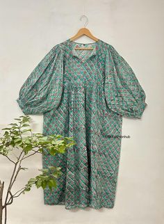 Indian Hand Block Printed Cotton Dress, Beautiful Dress, Comfortable Maxi Dress, Bohemian Dress, Hippie Dress, Floral Animal Bird Print Dress, Vintage Gown Dress, Unique Women Dress, Women Wear Stylish Summer Dress, Evening Dress, Comfortable Dress,  Indian Artisan Dress, Handmade Dress, Traditional Dress, Vegetable Dye, Natural Dye, Wooden Dye, Mini Midi Dress, Easy Wear Dress, Soft Cotton Dress, Gifts For Her Wearing This Hand Block Print Beautiful Dress, Which is Made Of Soft Pure Cotton Gauze Will Make You Feel Gorgeous All Day Long Fabric Drapes So Elegantly Making it Ideal For Dates, Travel, Lunch, Brunch Outings, Cocktail, Parties, Date Nights, Or Beach Vacations Dress, Material- 100% Cotton This is Pure Organic Hand Block Print Cotton Fabric Measurement Bust Size in Inch :- XS Bust Traditional Green V-neck Dress, V-neck Kalamkari Print Dresses For Festive Occasions, Casual Green Dress For Festive Occasions, Festive Ikat Print Dress, Festive Multicolor Ikat Print Dress, Bohemian Patterned Dresses With Printed Motifs, Summer Anarkali Dress With Yoke Detail, Festive Green Free-size Dress, Green Bohemian Maxi Kurta