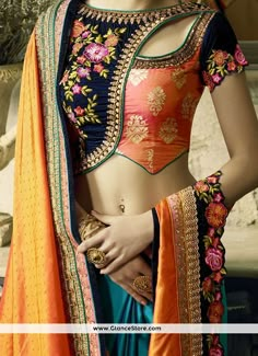 Cherubic Navy Blue And Orange Embroidered Work Satin Designer Half N Half Saree Saree Bollywood, Lehenga Blouse Designs, New Blouse Designs