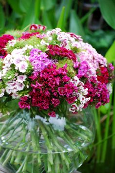 a vase filled with lots of pink and white flowers