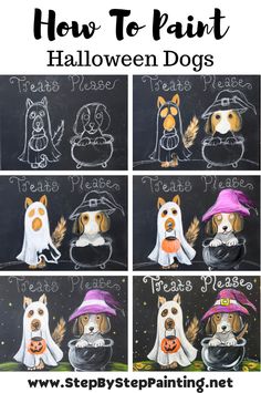 how to paint halloween dogs with chalk on the blackboard, and then put them in witches hats