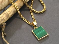 Men 14k Gold Filed Necklace Set a Gold Stainless Steel 24" Necklace with a Natural 14k Gold Malachite Pendant gold Pendant and a Layered 20" Stainless Steel Box Chain Necklaces, men Layered Men Gemstone Necklaces 14k Gold Filled Natural Malachite Gold Pendant 22x12 mm Gold Stainless Steel Miami Cuban 24" Necklace  Gold Stainless Steel Box Layering 20" Necklace Malachite is know to reduce negative emotions Necklaces Men, Men Pendant, Hilton Head Island Sc, Malachite Pendant, Box Necklace, Necklace Mens, Mens Necklace, Miami Cuban, Gemstone Necklaces