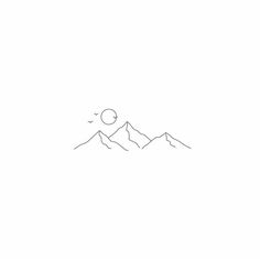 a line drawing of mountains with the sun in the sky above them, on a white background