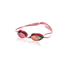 a pair of swimming goggles with pink mirrored lenses on the side and red straps