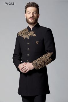 "Make an edgy statement with our BLACK lion  EMBROIDERED INDO WESTERN designed thoughtfully for the modern Indian man. A fusion staple fit for every occasion, adds the right amount of cultural twist to the western silhouette. Color: Black  Garment Type: Indo Western Neck: Mandarin Collar Fabric: Micro Velvet Embroidery: Zari work with sequin embroidery The Product Price is inclusive of: 1 Indo-Western and 1 Trouser Style Bottom Model is 6'2\" wearing Size 38 Product color may slightly vary due to photographic lighting sources or your screen settings. ~We provide fully stitched outfits as per your measurements ~Outfits can be customised in any colours For customisation please contact  ~We provide worldwide shipping ~You choose we design. ~High quality dresses no replicas only hand embroider Embroidery Jodhpuri For Men, Black Indo Western Dress, Jodhpuri Sherwani, Labyrinth Masquerade, Boys Shirts Style, Indo Western Outfits For Men, Casual Wedding Suit, Western Silhouette