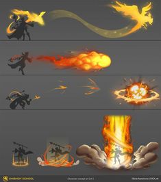 some different types of fire and flames on a gray background