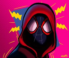 a drawing of a spider - man with red eyes and a black hoodie on