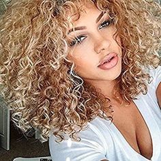 Side Part With Bangs, 3c Curly Hair, Black To Blonde Hair, Ombre Curly Hair, Blonde Natural Hair, Medium Length Blonde, Bangs Hairstyle, Wig Curly, Curly Hair Photos