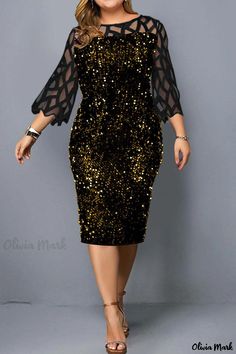 Olivia Mark - Presenting the Womens Classic Vintage Black and Gold Print Patchwork Dress Featuring an Elegant Hollowed-Out Design and See-Through Fabric on O Neck Straight Cut - A Fashion Masterpiece! Ladies Plus Size Dresses, Sequin Holiday Dress, Quarter Sleeve Dress, Night Club Dress, Straight Clothes, Vestido Plus Size, Sequin Party Dress, فستان سهرة, Straight Dress