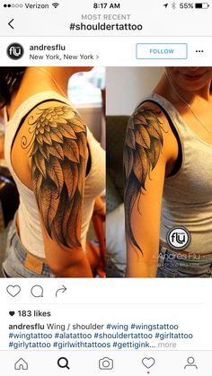 a woman's arm with an angel wing tattoo on the left side of her shoulder