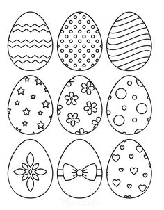 an easter egg coloring page with six decorated eggs in different shapes and sizes, including the bow