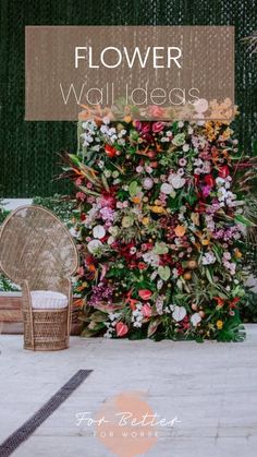 a chair sitting next to a flower wall in the middle of a patio with text overlay