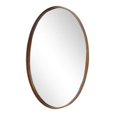 an oval wooden mirror on a white background