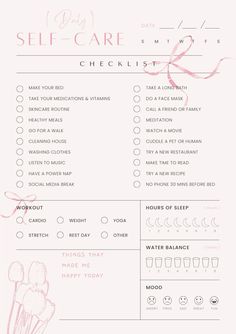 the self care checklist is shown in pink