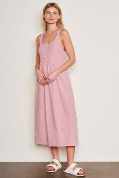 Relaxed midi length tank dress with unique double ties in the back with pockets! Jacket Brands, Linen Shop, Tie Backs, White Shop, Tank Dress, Dress Backs, Midi Length, Sweater Jacket, Best Sellers