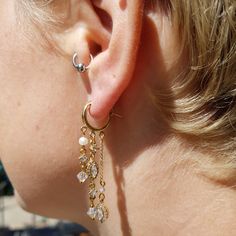 "Set of two different size freshwater pearl huggies, The set of earrings is compound with two sized of hoops - The bigger hoop has one thread of charms hanging and in the smaller one there are three threads, The hoops made with fine goldfilled. Big hoop earrings: * Diameter - 0.75\" (1.8 cm) * Length with charms - 1.95'' (4.9 cm) Small hoop earrings: * Diameter - 1.2\" (0.5 cm) * Length with charms - 1.75'' (4 cm) Choose the style to compound your pair! * Item will arrive in a beautiful gift box Delicate Dangle Hoop Earrings With Pearl Charm, Anniversary Pearl Drop Dangle Hoop Earrings, Pearl Huggies, Huggies Hoop Earrings, Earrings Huggies, Silver Crystal Earrings, Crystal Wedding Jewelry, Gold Earrings Wedding, Big Hoop Earrings