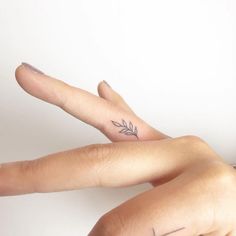 two fingers with small tattoos on them, one is pointing at the other and the other hand has a leaf tattoo on it