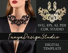 a woman wearing black and gold jewelry with the words fancydesign studio on it