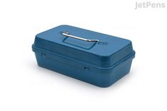 a blue lunch box sitting on top of a white table