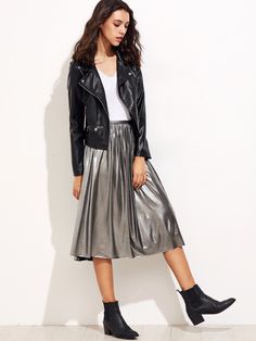 skirt160919702_1 Silver Skirt Outfit, Silver Skirt Outfits, Pleated Skirts Knee Length, Summer Dress Trends, Accordion Skirt, Metallic Pleated Skirt, Pleated Chiffon Skirt, Silver Skirt, Pleated Skirt Dress