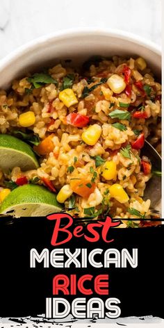 mexican rice with corn and cilantro in a white bowl