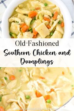 an old fashioned chicken and dumpling soup in a white bowl with text overlay