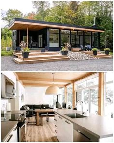 two pictures showing the inside and outside of a modern home with wood floors, white walls and