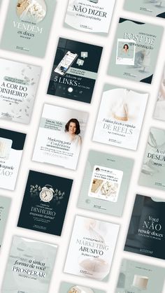 many different brochures are arranged together on a white surface with blue and green accents