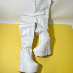 Jeffrey Campbell's White Thigh-High Boots Have A Zipper For Easy Wear And A Platform Sole For Added Style And Height. They're A Versatile And Trendy Choice, Perfect For Making A Bold Fashion Statement Day Or Night. White. Leather. Runs Tts. 5.25" Heel, 2.5" Platform. Sold As Is. No Returns Or Cancellations - See Pictures. Feel Free To Ask Questions. Bundle For Discount! White Thigh High Boots, White Thigh Highs, Jeffrey Campbell Heels, Velvet Ankle Boots, Black Leather Oxfords, Studded Shoes, Ankle Rain Boots, Patent Leather Boots, Western Boots Women