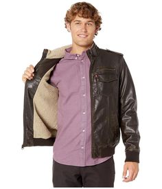 Levi's® Two-Pocket Military Bomber with Sherpa Lining Jackets | BeyondStyle Casual Winter Outerwear With Faux Front Pockets, Brown Sherpa Outerwear With Pockets, Casual Brown Outerwear With Faux Front Pockets, Street Style Photos, Military Style Jackets, 100 Words, Sherpa Fleece, Knit Cuff, Military Fashion