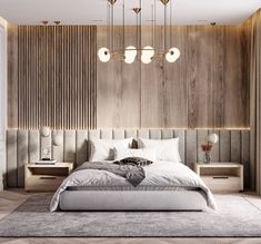 a modern bedroom with wood paneled walls and white bedding, along with two nightstands on either side of the bed