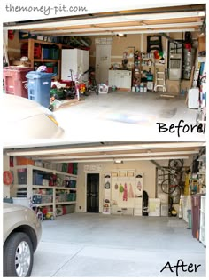 before and after photos of a garage with the door open to reveal what's inside