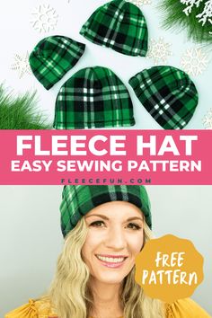 a woman wearing a green plaid hat with text overlay that reads fleece hat easy sewing pattern