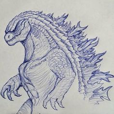 a drawing of a godzilla in blue ink