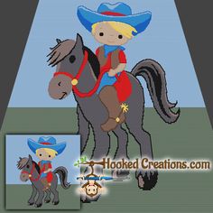 a cross stitch pattern of a little boy riding a horse with a cowboy hat on