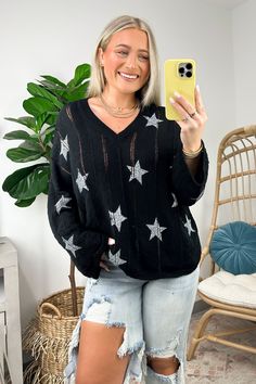 S / Black Sorscha Star Print Knit Sweater - Madison and Mallory Pointelle Knit, Star Sweater, Crop Top Blouse, Shine On, Small Chest, Women Clothing Boutique, Fall Sweaters, Clothing Boutique, Star Print